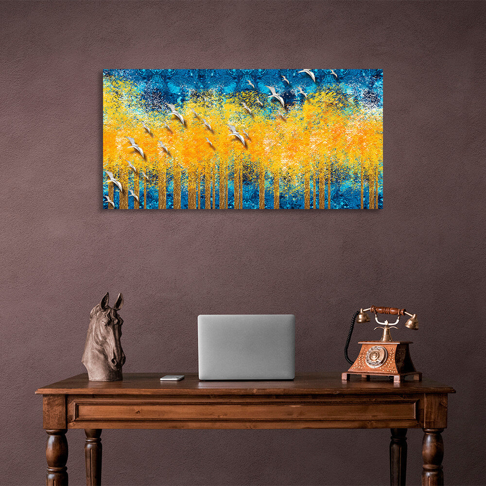 Yellow trees on a blue background with white birds Canvas Wall Art Print