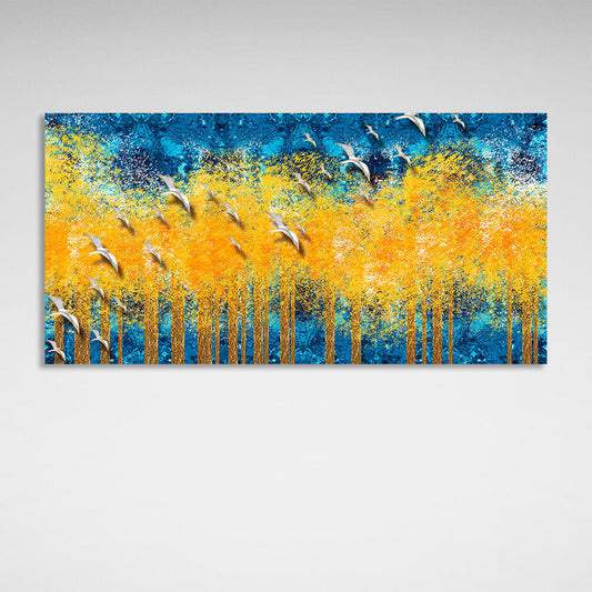 Yellow trees on a blue background with white birds Canvas Wall Art Print