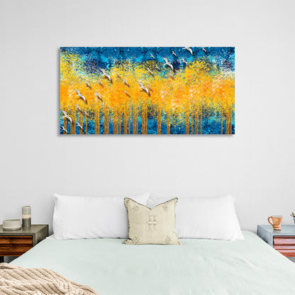 Yellow trees on a blue background with white birds Canvas Wall Art Print