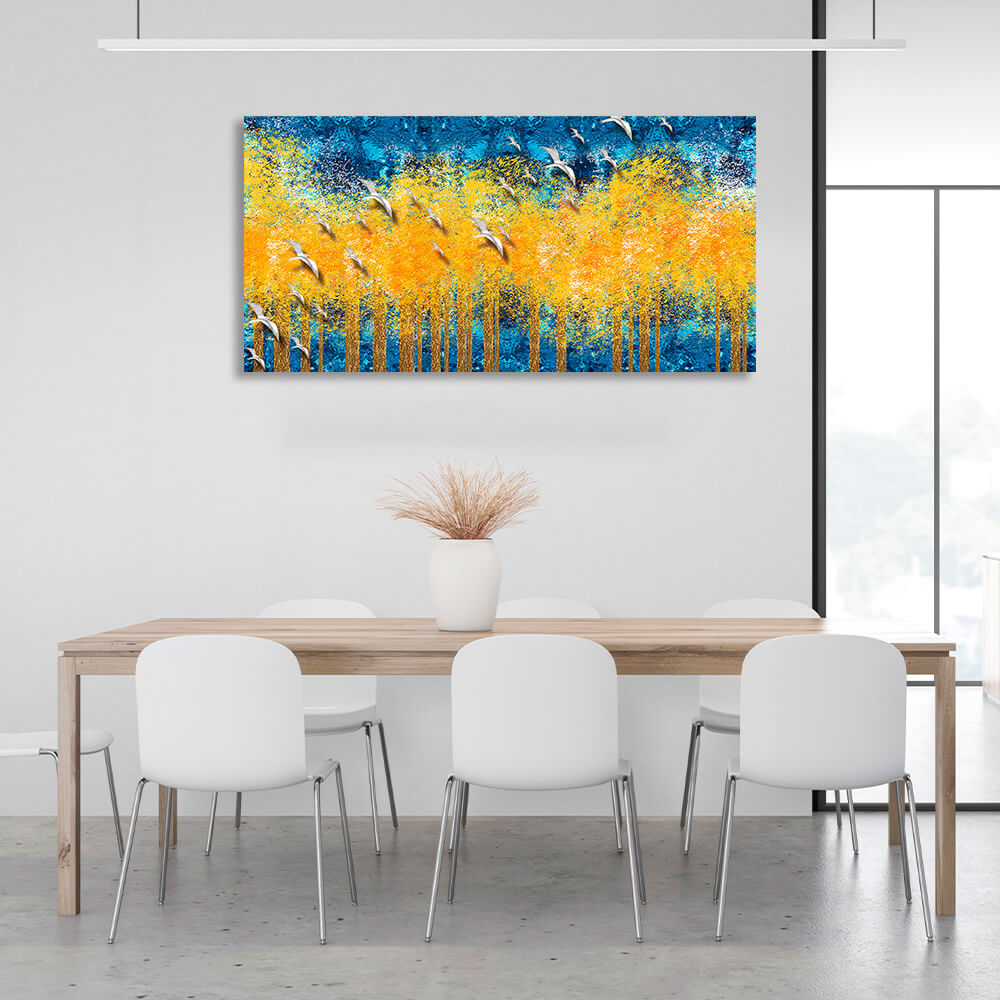 Yellow trees on a blue background with white birds Canvas Wall Art Print