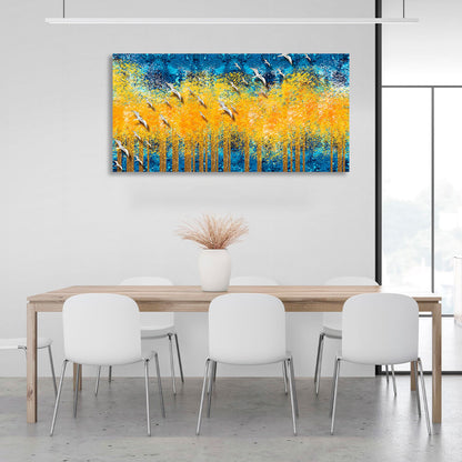 Yellow trees on a blue background with white birds Canvas Wall Art Print