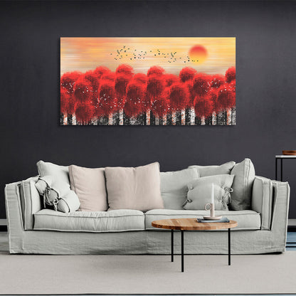 A forest of trees with red tops against a backdrop of sunset and birds Canvas Wall Art Print