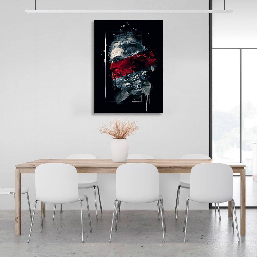 Statue of Poseidon on a black background with a red stripe Canvas Wall Art Print