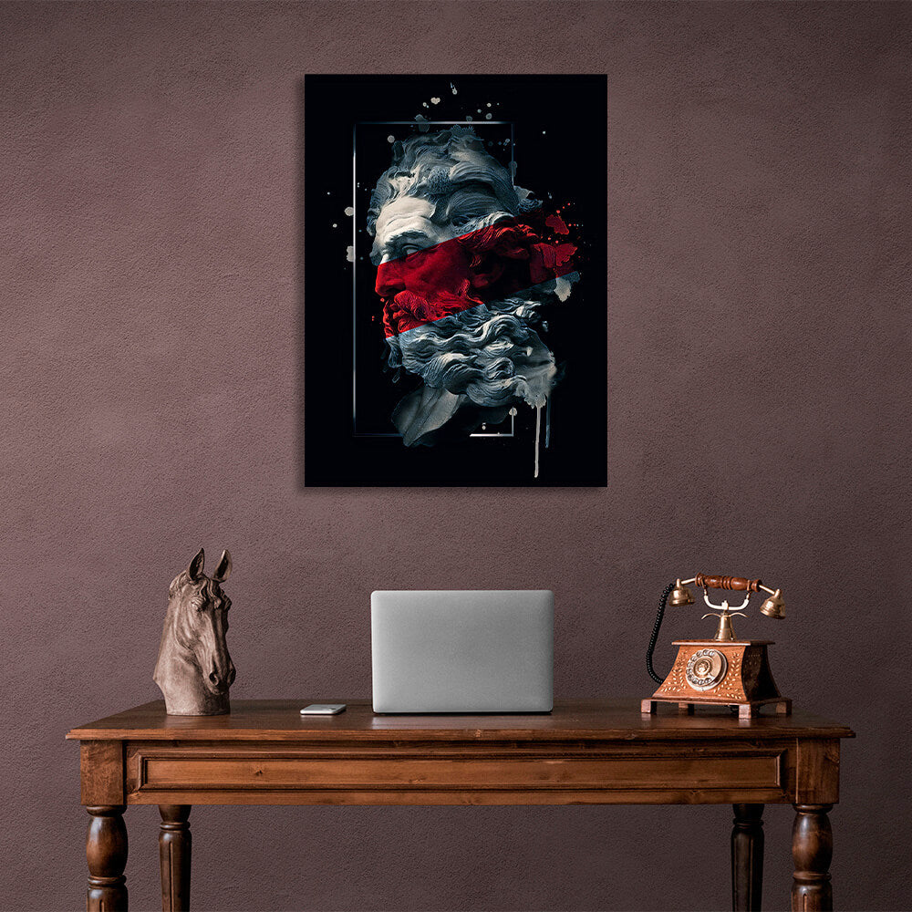 Statue of Poseidon on a black background with a red stripe Canvas Wall Art Print