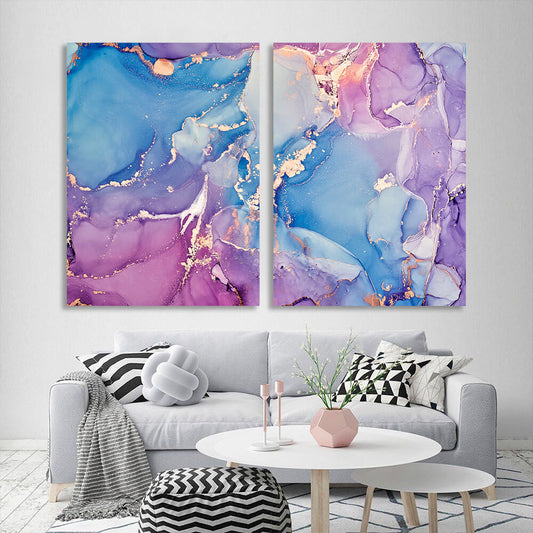 Modular abstract in blue and soft purple with gold lines Multi Panel Canvas Wall Art Print