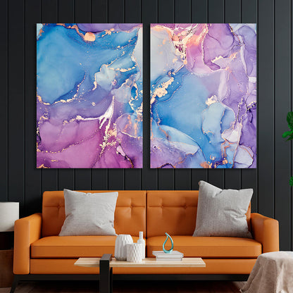 Modular abstract in blue and soft purple with gold lines Multi Panel Canvas Wall Art Print