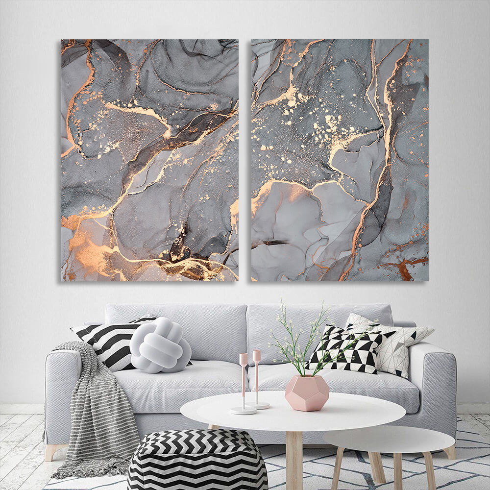 Modular gray abstract with gold lines Multi Panel Canvas Wall Art Print