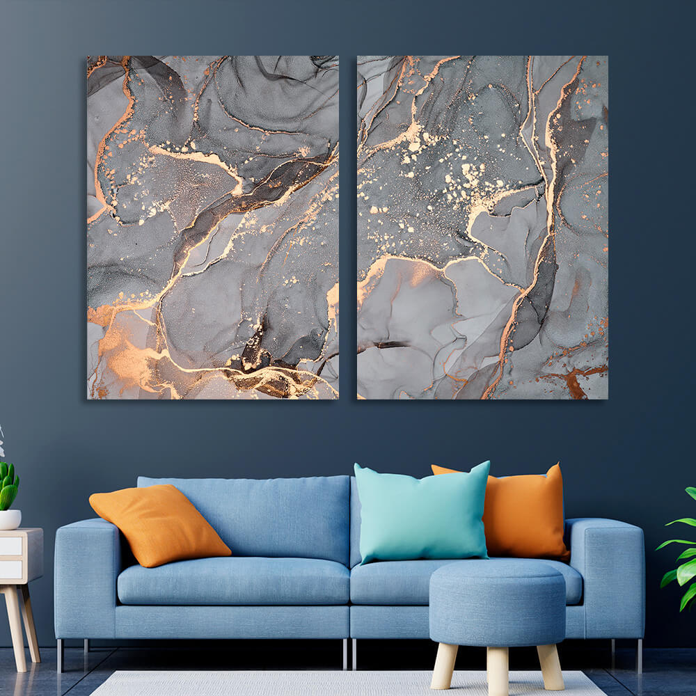 Modular gray abstract with gold lines Multi Panel Canvas Wall Art Print