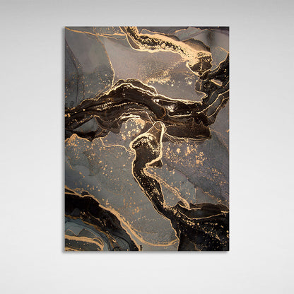 Dark brown abstract with gray spots and gold lines Abstraction Canvas Wall Art Print