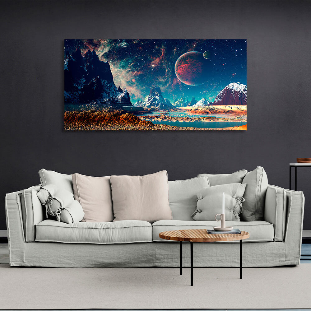 Space with planets in blue Canvas Wall Art Print