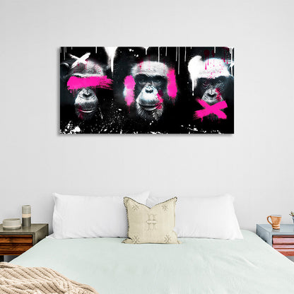 Three monkeys on black background, white and pink colors Canvas Wall Art Print