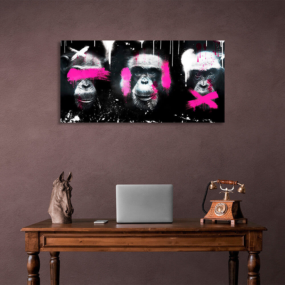 Three monkeys on black background, white and pink colors Canvas Wall Art Print