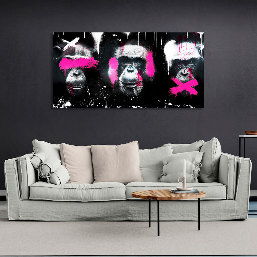 Three monkeys on black background, white and pink colors Canvas Wall Art Print