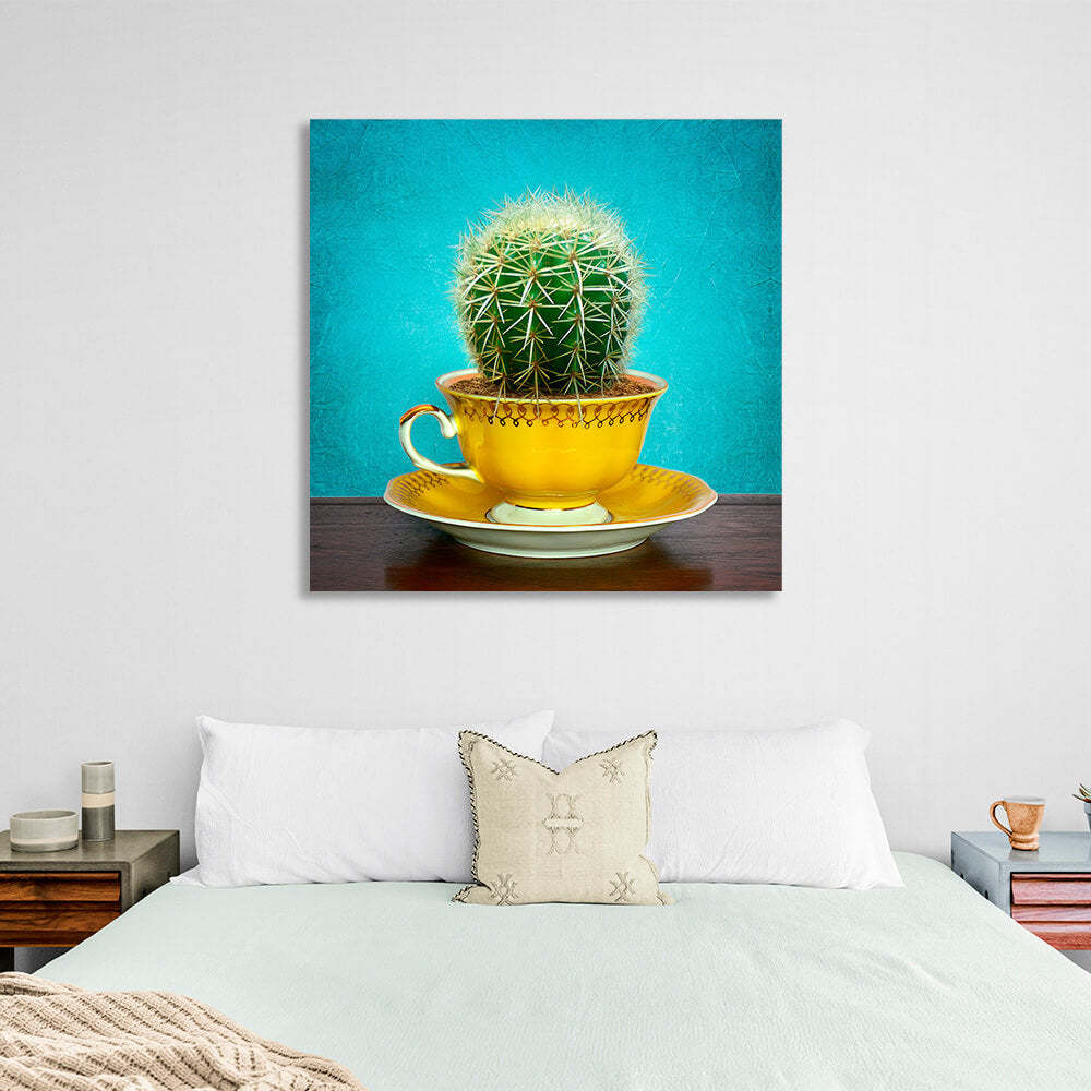 Cactus in cup on saucer on turquoise background Canvas Wall Art Print