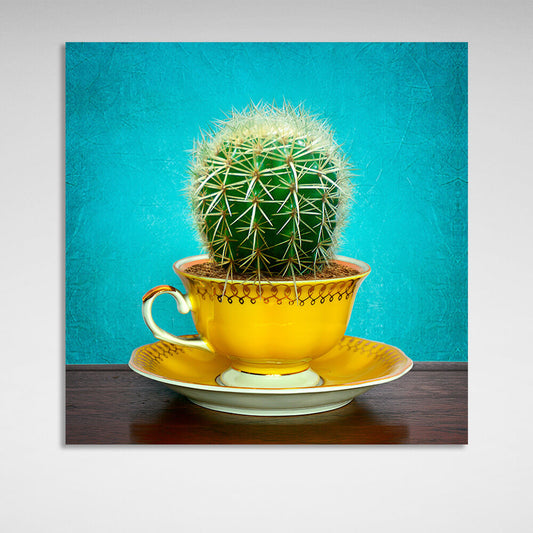 Cactus in cup on saucer on turquoise background Canvas Wall Art Print