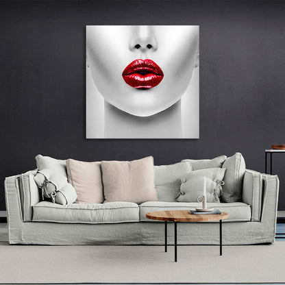 A woman with red lips in shades of gray Canvas Wall Art Print