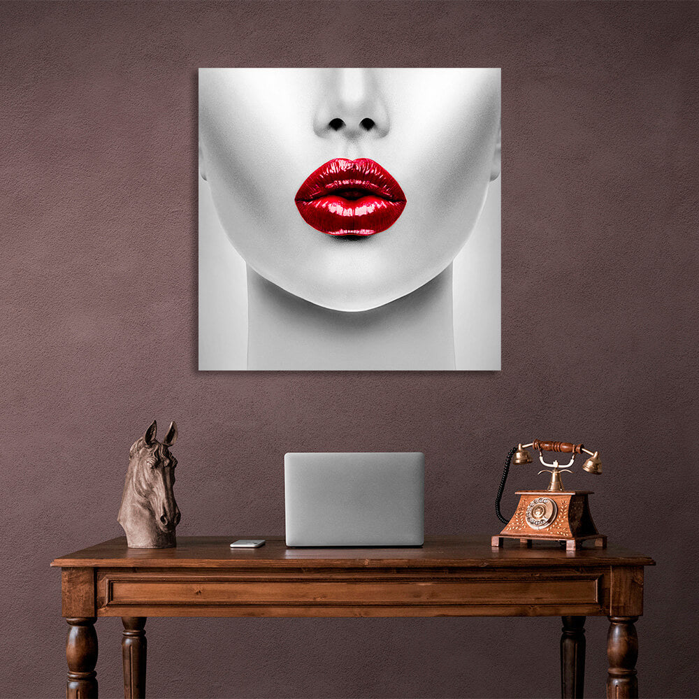 A woman with red lips in shades of gray Canvas Wall Art Print