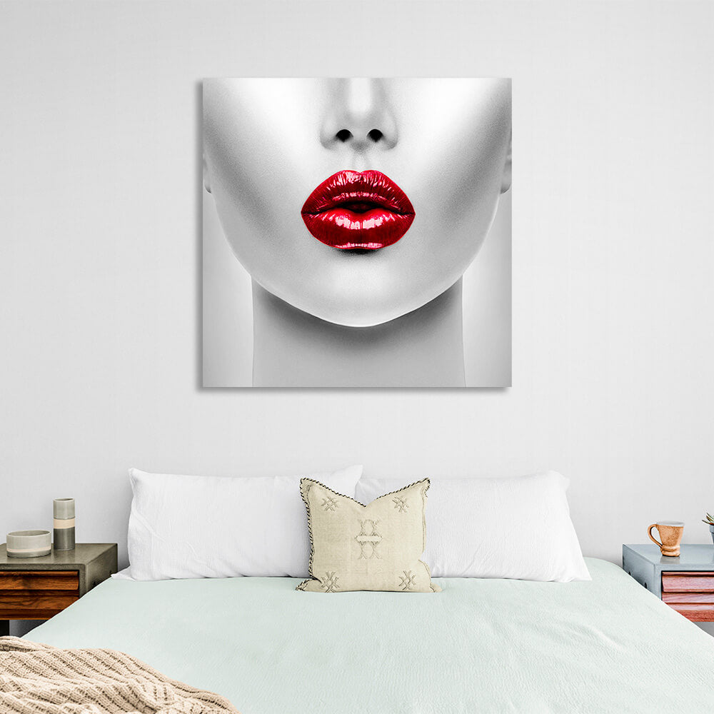 A woman with red lips in shades of gray Canvas Wall Art Print