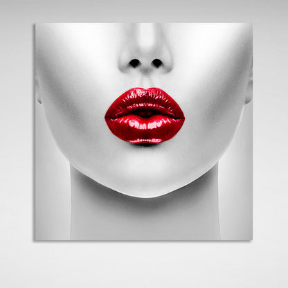 A woman with red lips in shades of gray Canvas Wall Art Print