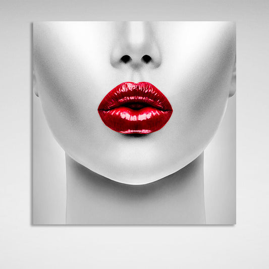 A woman with red lips in shades of gray Canvas Wall Art Print