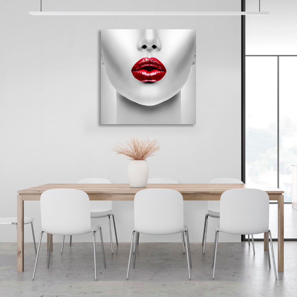 A woman with red lips in shades of gray Canvas Wall Art Print