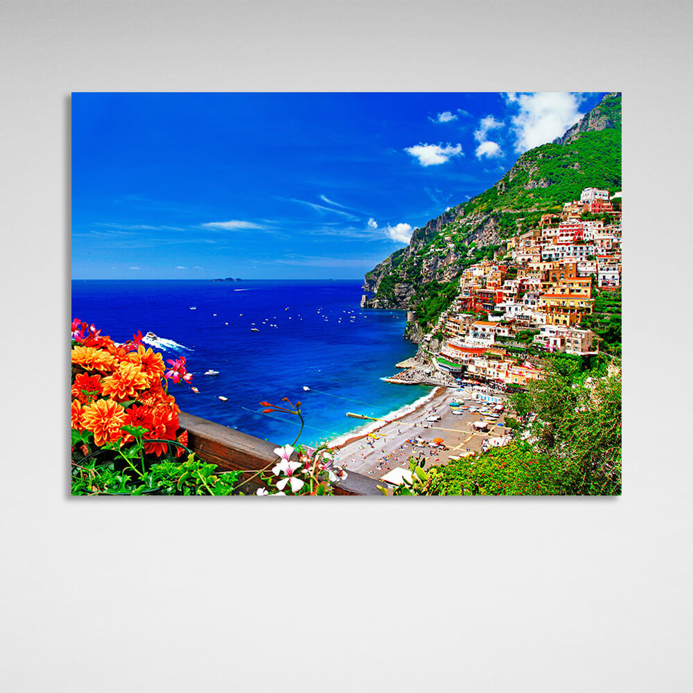 A town in the blue sea on a cliff Canvas Wall Art Print