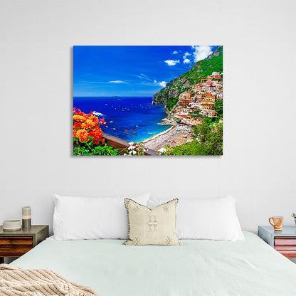 A town in the blue sea on a cliff Canvas Wall Art Print