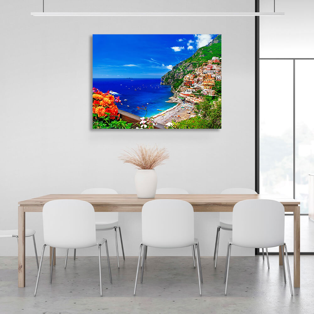 A town in the blue sea on a cliff Canvas Wall Art Print