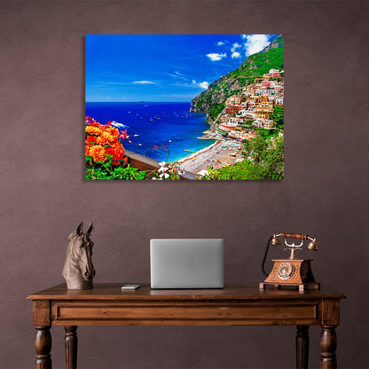 A town in the blue sea on a cliff Canvas Wall Art Print