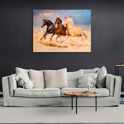 Three horses in the desert Canvas Wall Art Print