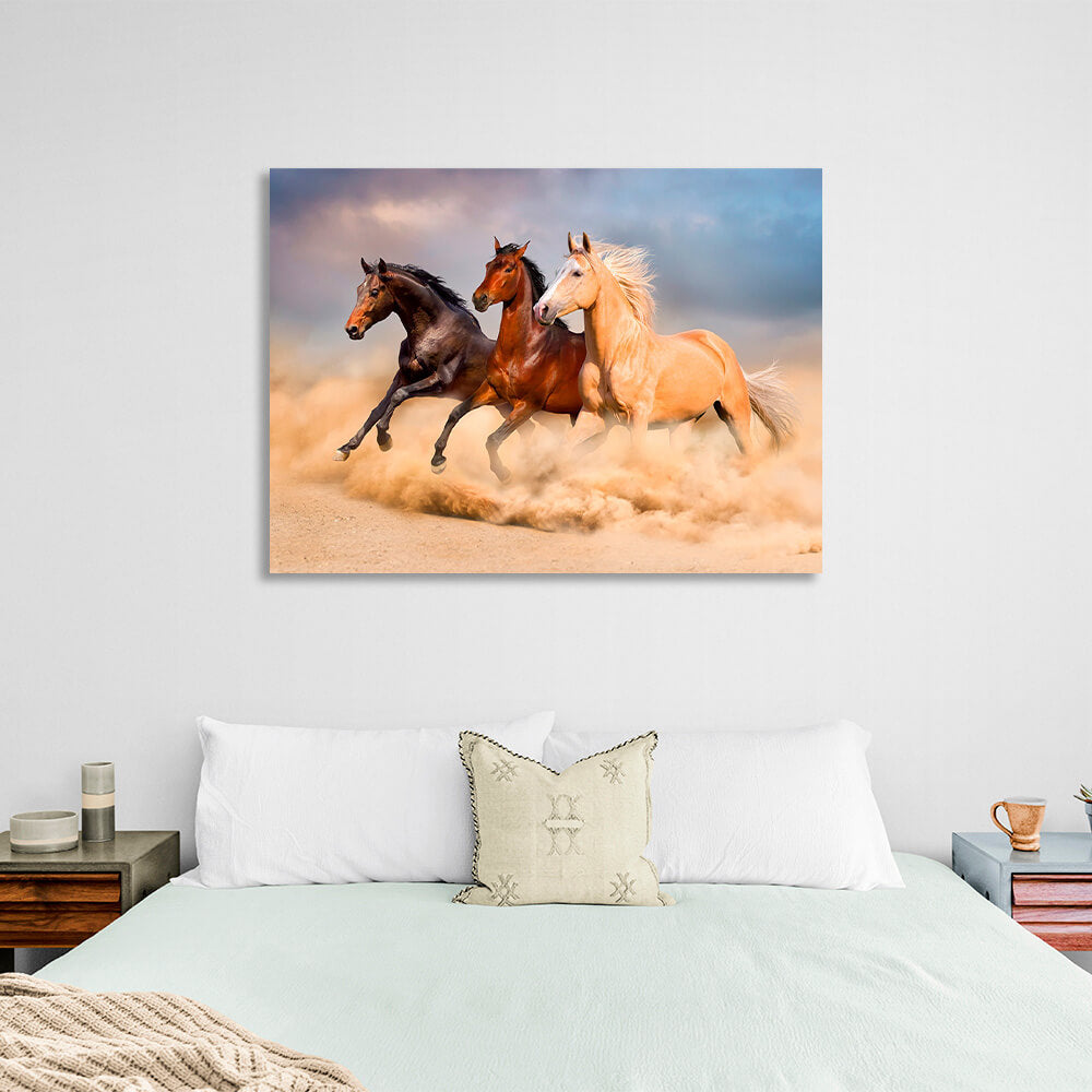 Three horses in the desert Canvas Wall Art Print