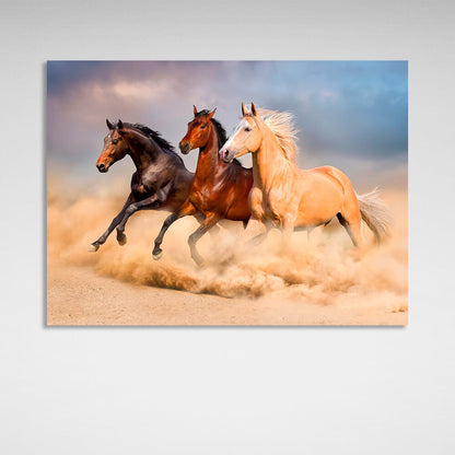 Three horses in the desert Canvas Wall Art Print