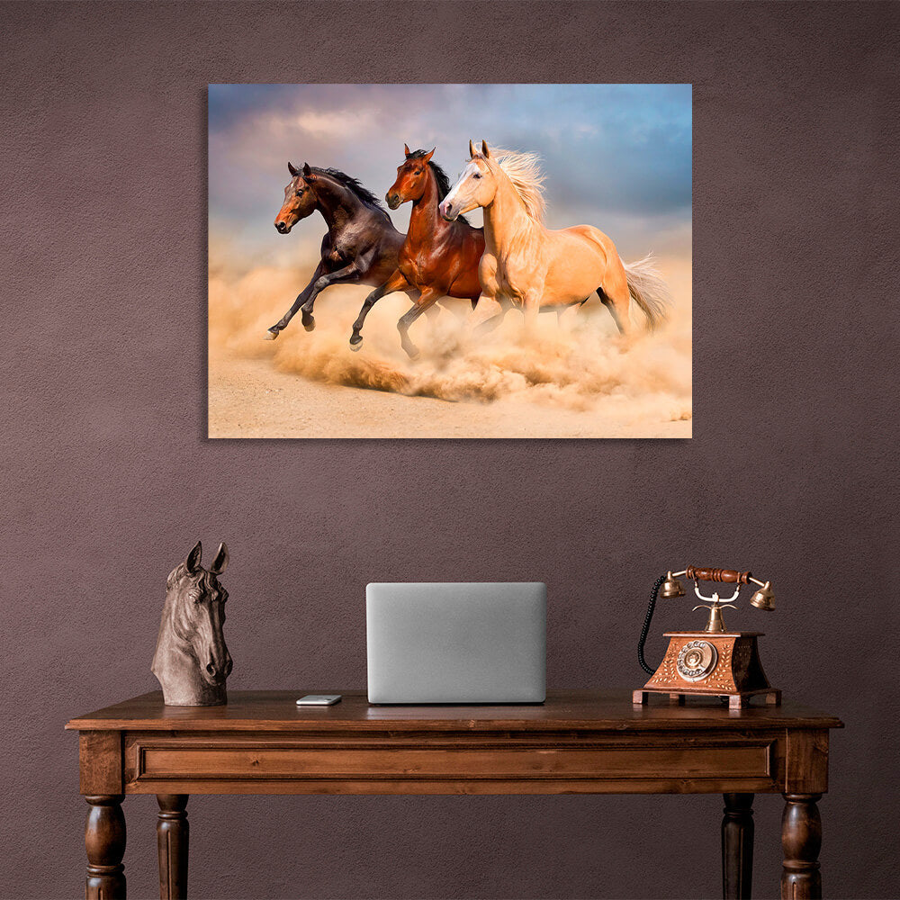 Three horses in the desert Canvas Wall Art Print