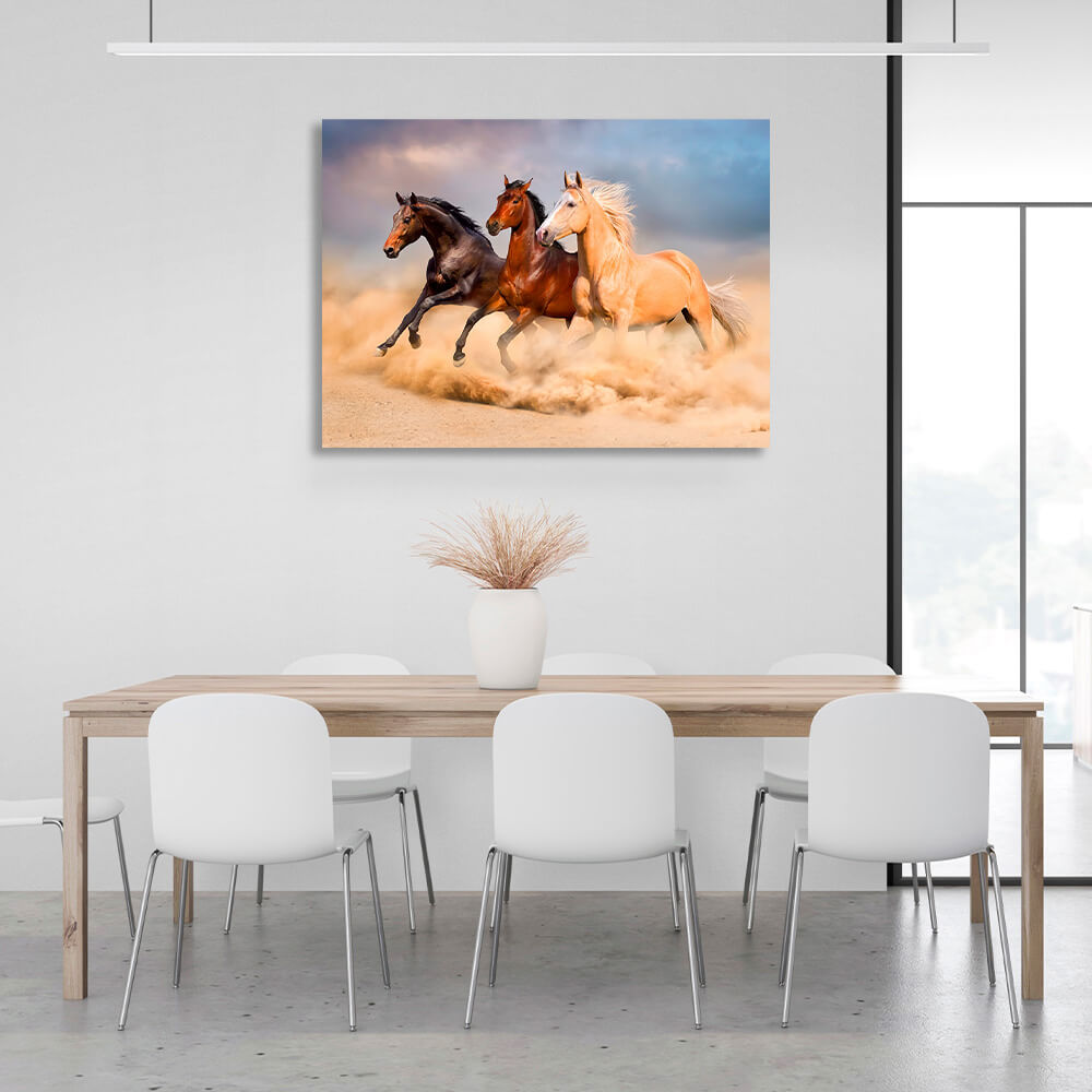 Three horses in the desert Canvas Wall Art Print