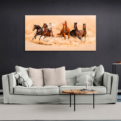 Six horses running across the sand in beige colors Canvas Wall Art Print