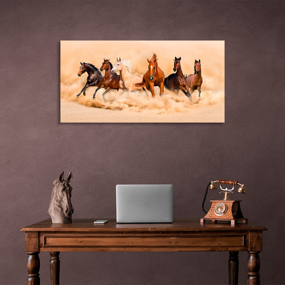 Six horses running across the sand in beige colors Canvas Wall Art Print