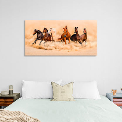 Six horses running across the sand in beige colors Canvas Wall Art Print