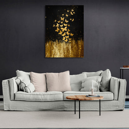 Golden butterflies fly over golden grass on a black background Canvas Wall Art Print