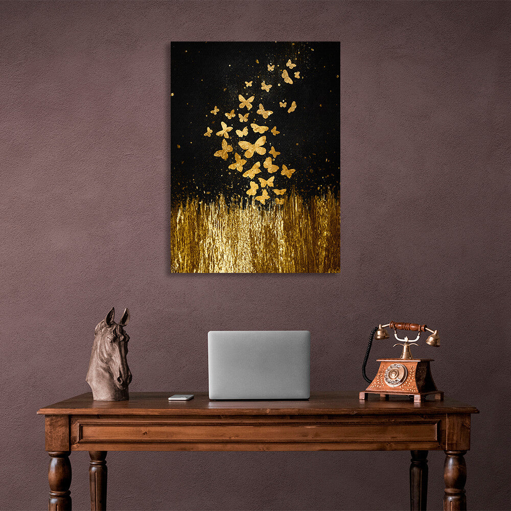 Golden butterflies fly over golden grass on a black background Canvas Wall Art Print