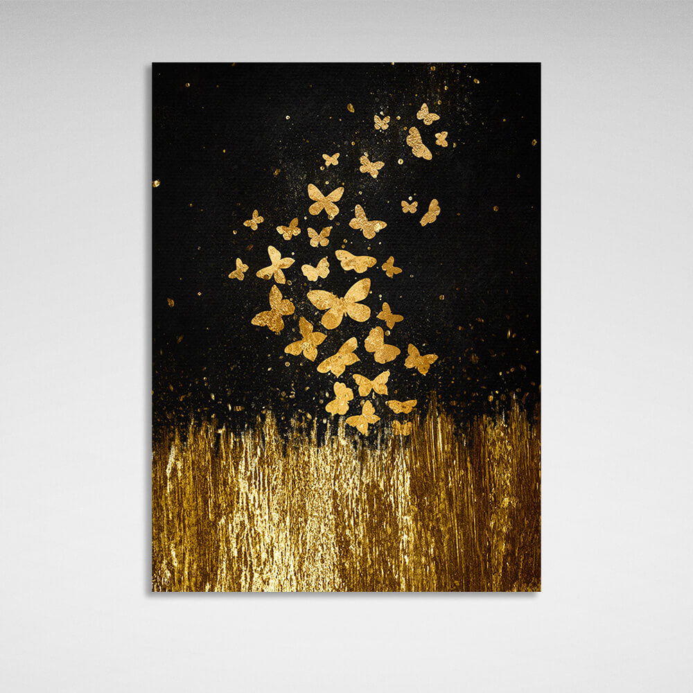 Golden butterflies fly over golden grass on a black background Canvas Wall Art Print