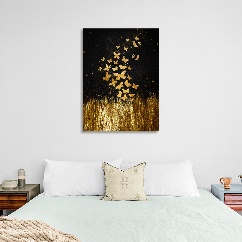 Golden butterflies fly over golden grass on a black background Canvas Wall Art Print