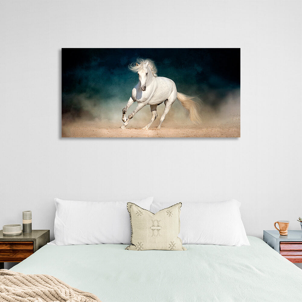 White horse on a smoky background Canvas Wall Art Print