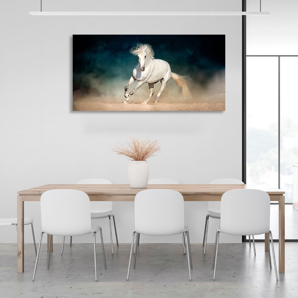 White horse on a smoky background Canvas Wall Art Print