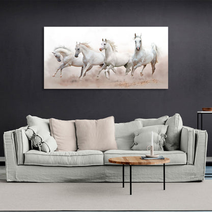 4 white horses running on sand on white background Canvas Wall Art Print