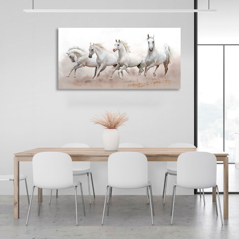 4 white horses running on sand on white background Canvas Wall Art Print