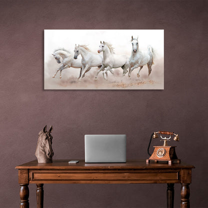 4 white horses running on sand on white background Canvas Wall Art Print