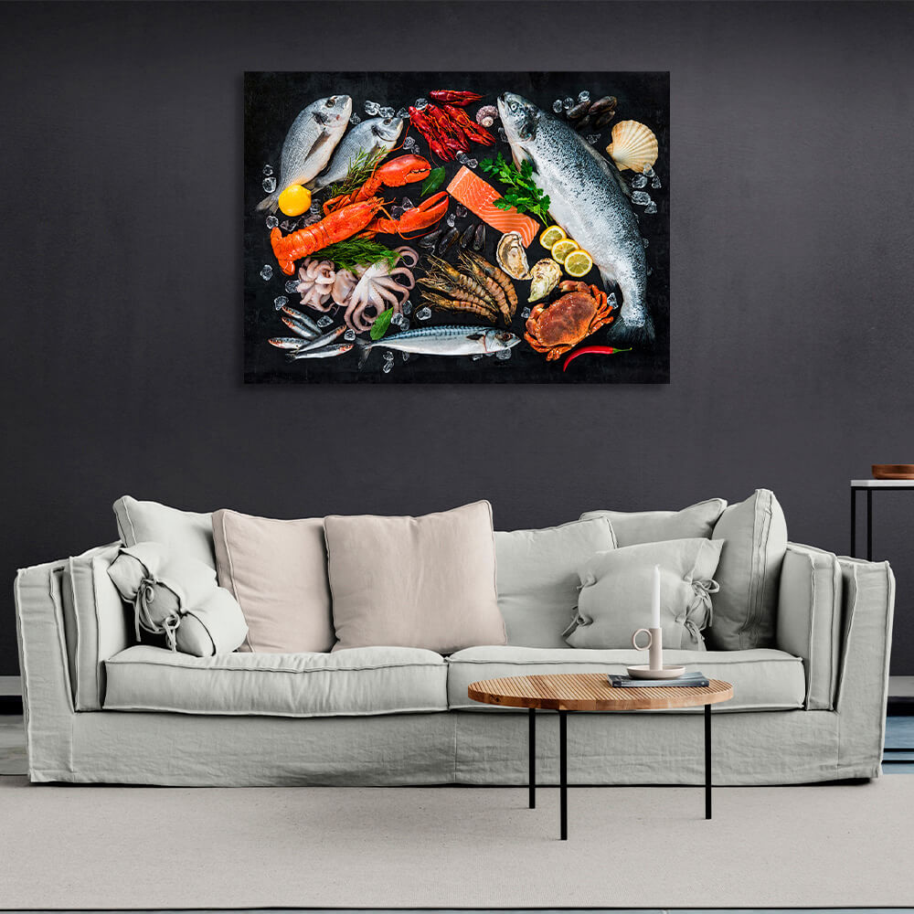 Seafood on a blacktop Canvas Wall Art Print For Kitchen