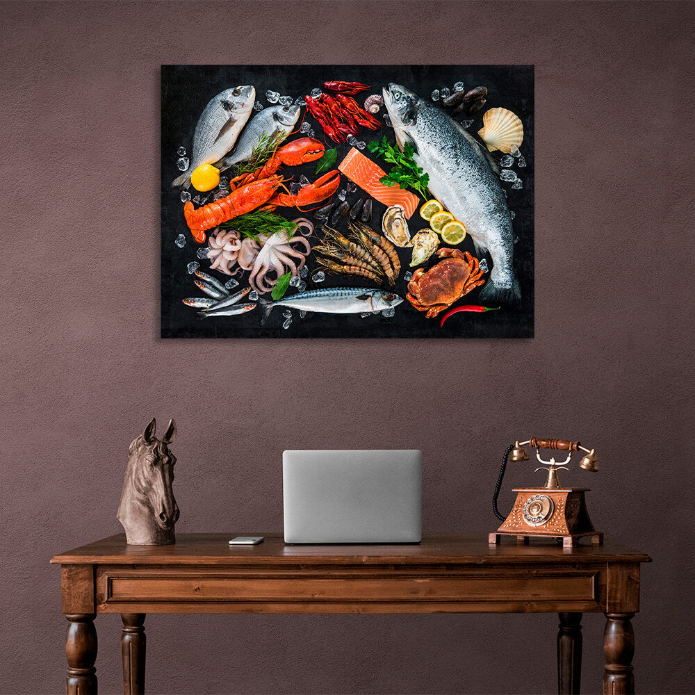 Seafood on a blacktop Canvas Wall Art Print For Kitchen