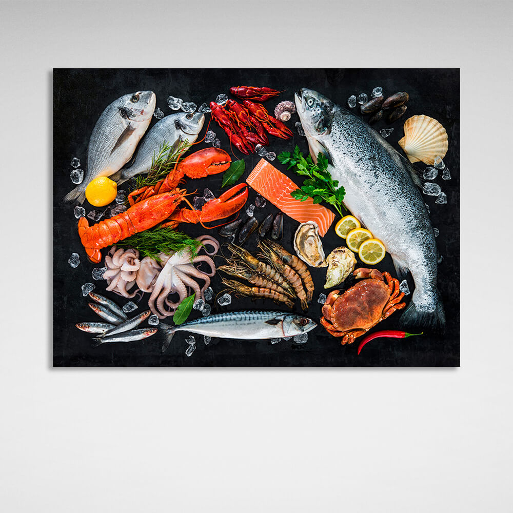 Seafood on a blacktop Canvas Wall Art Print For Kitchen