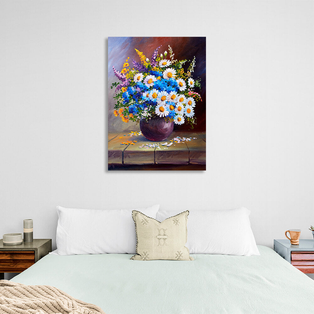 Potted wildflowers on a wooden table Canvas Wall Art Print